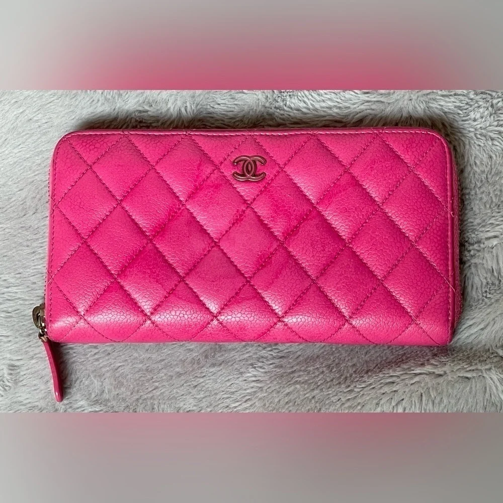 Chanel Pink Caviar Zip Around Quilted Leather Zip Around Long Wallet